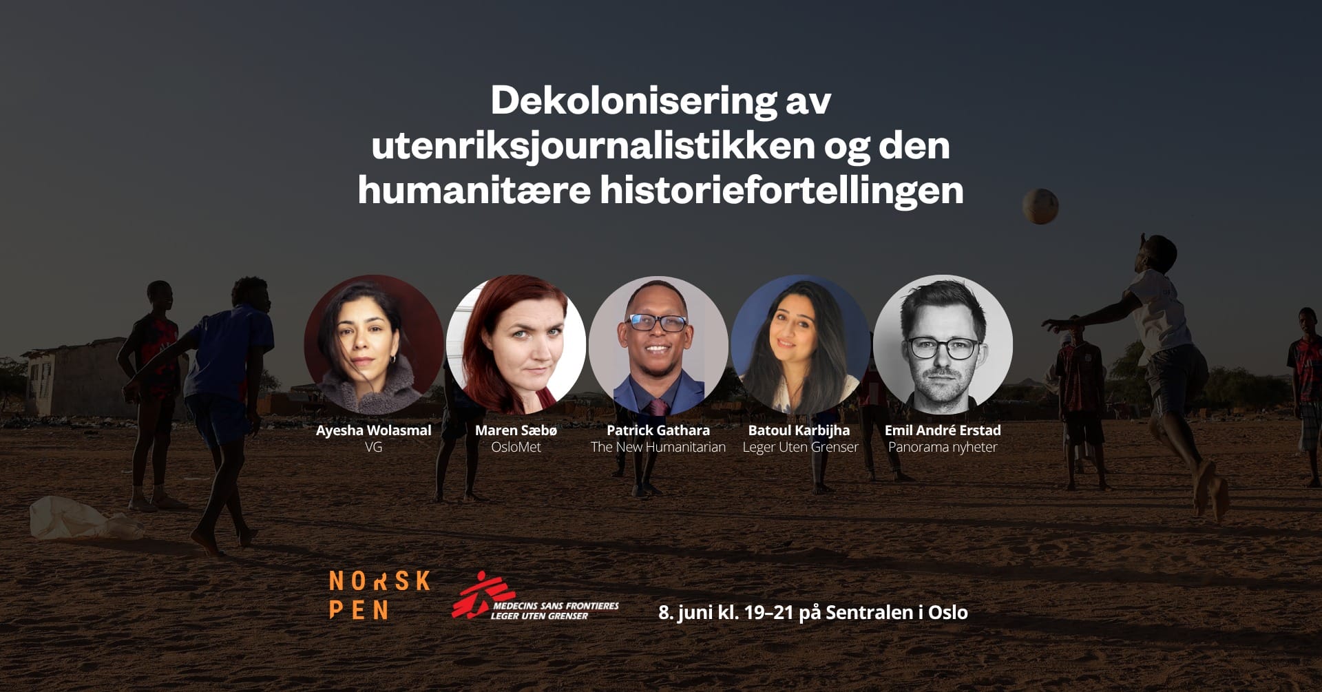 Banner med bilde av fem bidragsytere til PEN- og MSF-arrangementet.